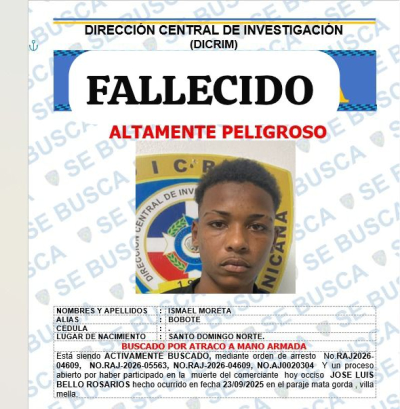 Cae abatido presunto delincuente identificado como Ismael Motera, apodado “Bobote”, quien era buscado por varios delictos.