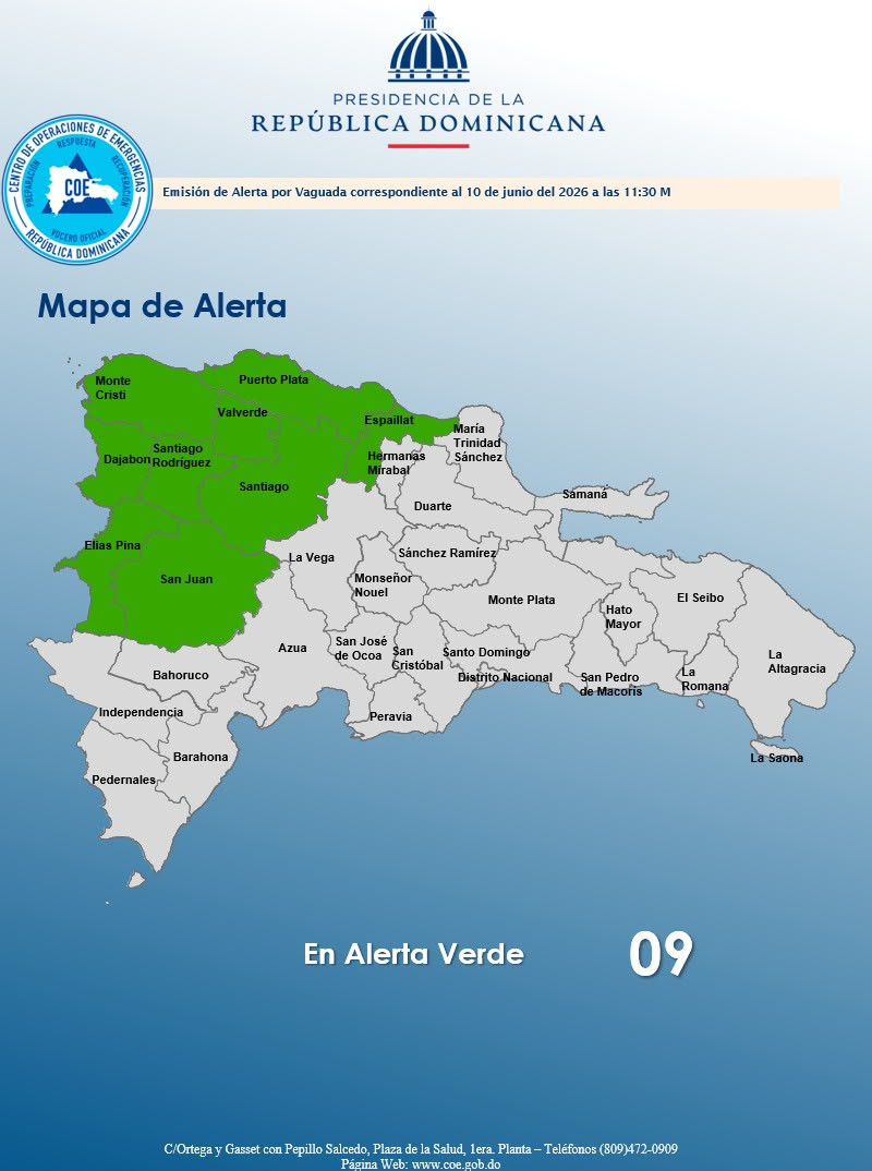 COE coloca nueve provincias en alerta verde por presencia de aguaceros