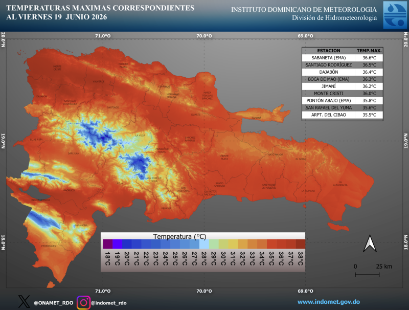 El mapa de calor publicado por Indomet del día 19 de junio
