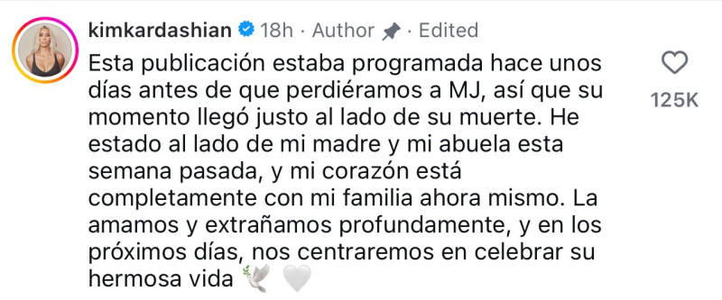 Kim Kardashian explicó que su publicación había sido programada antes del fallecimiento de su abuela.