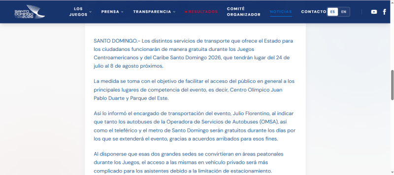 Comunicado de los Juegos Centroamericanos y del Caribe Santo Domingo donde indican el transporte gratuito.