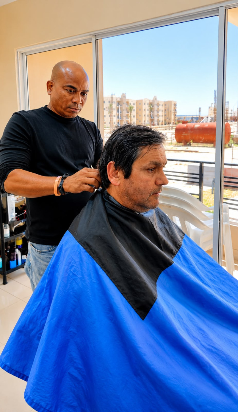 Hernán Zambrano, voluntario chileno de pelo lacio mientras recibia un corte en la barbería.