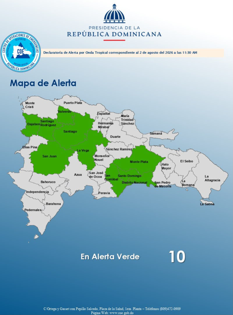 El Centro de Operaciones de Emergencias mantiene 10 provincias en alerta verde por la incidencia de una vaguada y onda tropical.