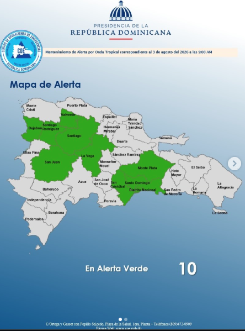 Coe coloca en alerta verde a nueve provincias