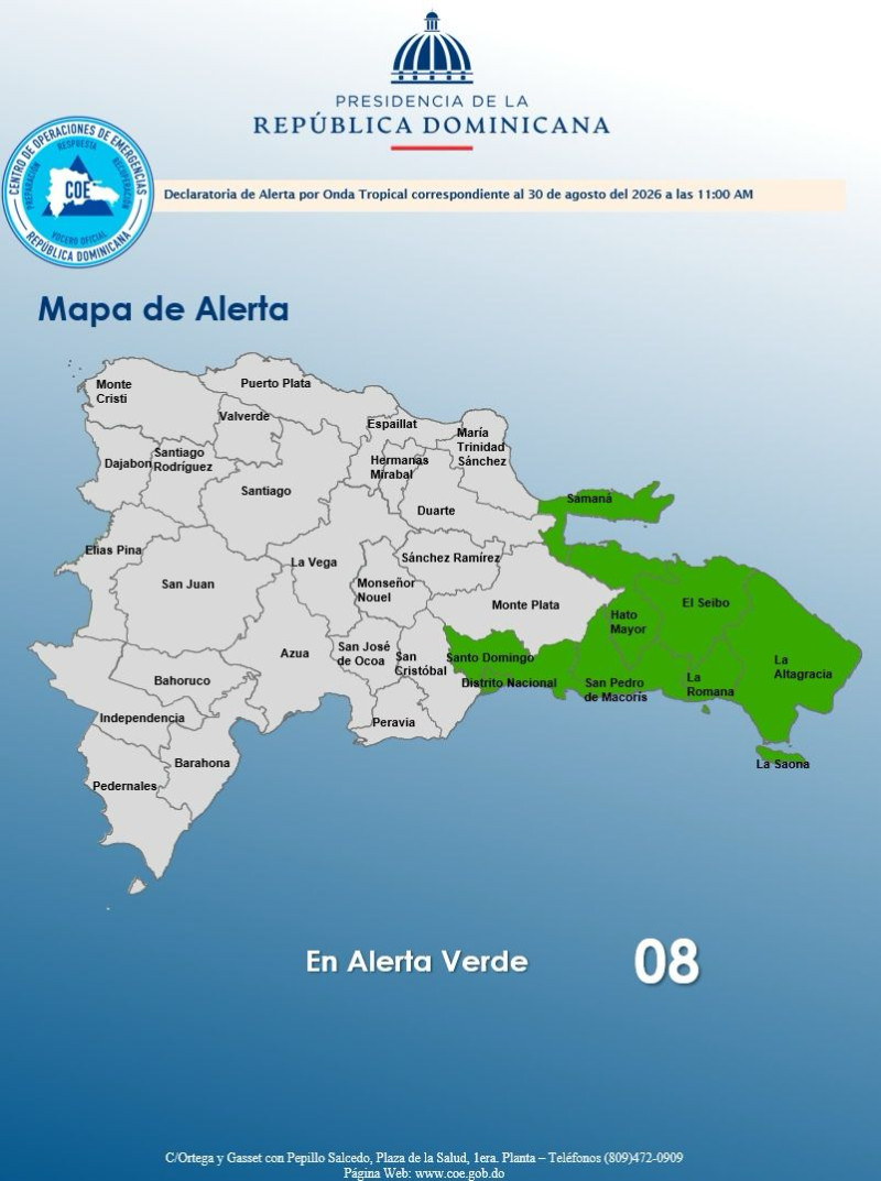 Las provincias en alerta verde son La Altagracia, El Seibo, San Pedro de Macorís, La Romana, Hato Mayor, Samaná y el Gran Santo Domingo.