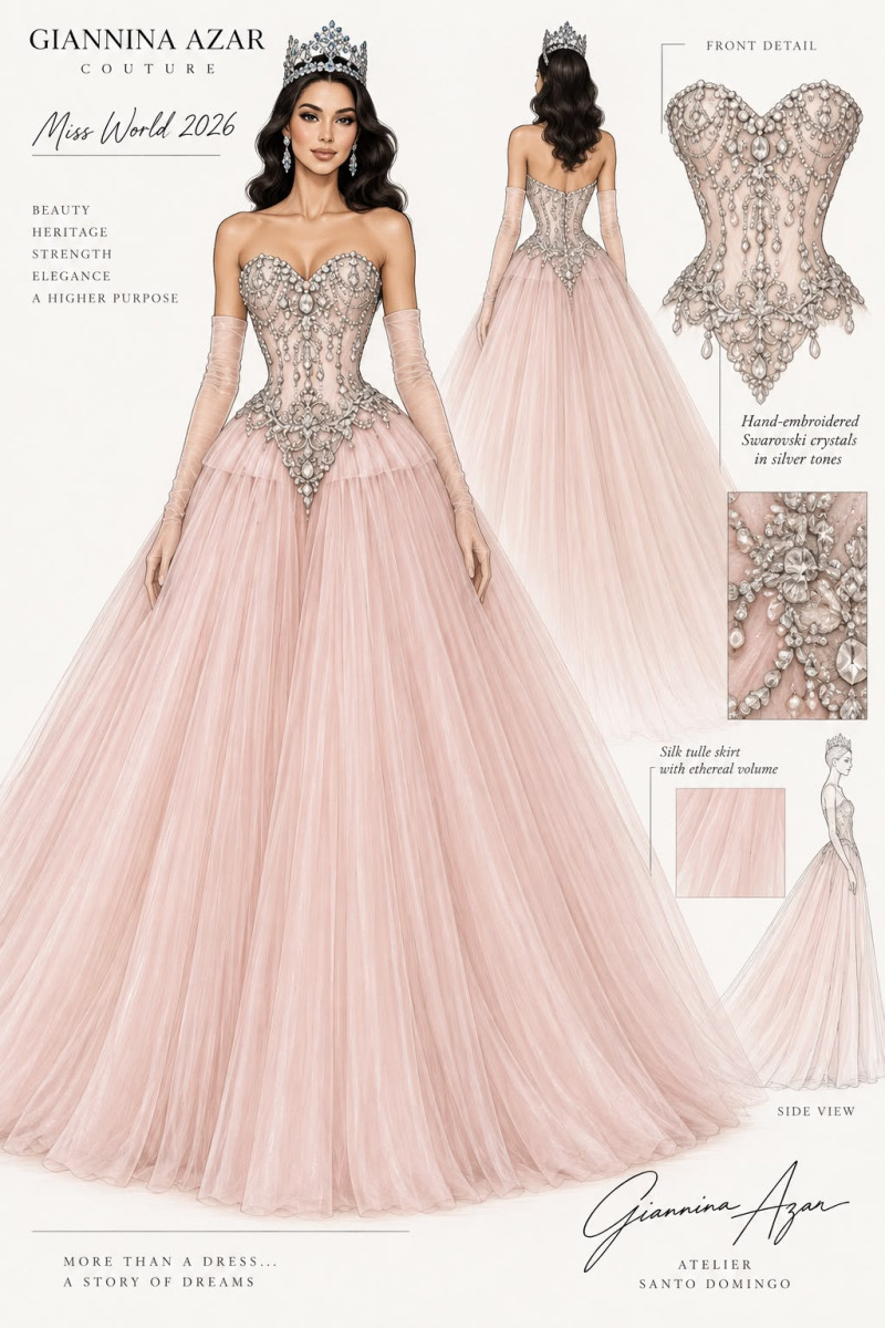 Ilustración original del vestido de Joheirry Mola, Miss Mundo 2026, diseñado por Giannina Azar.