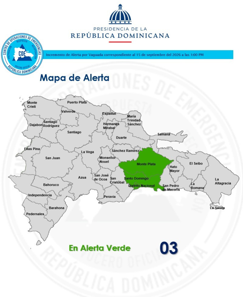 COE coloca en alerta verde a SD, Monte Plata y el Distrito Nacional por incidencia de vaguada