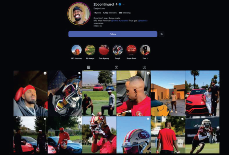 Captura de la cuenta de Instagram de Daejon Love, donde presumía ser jugador de los San Francisco 49ers