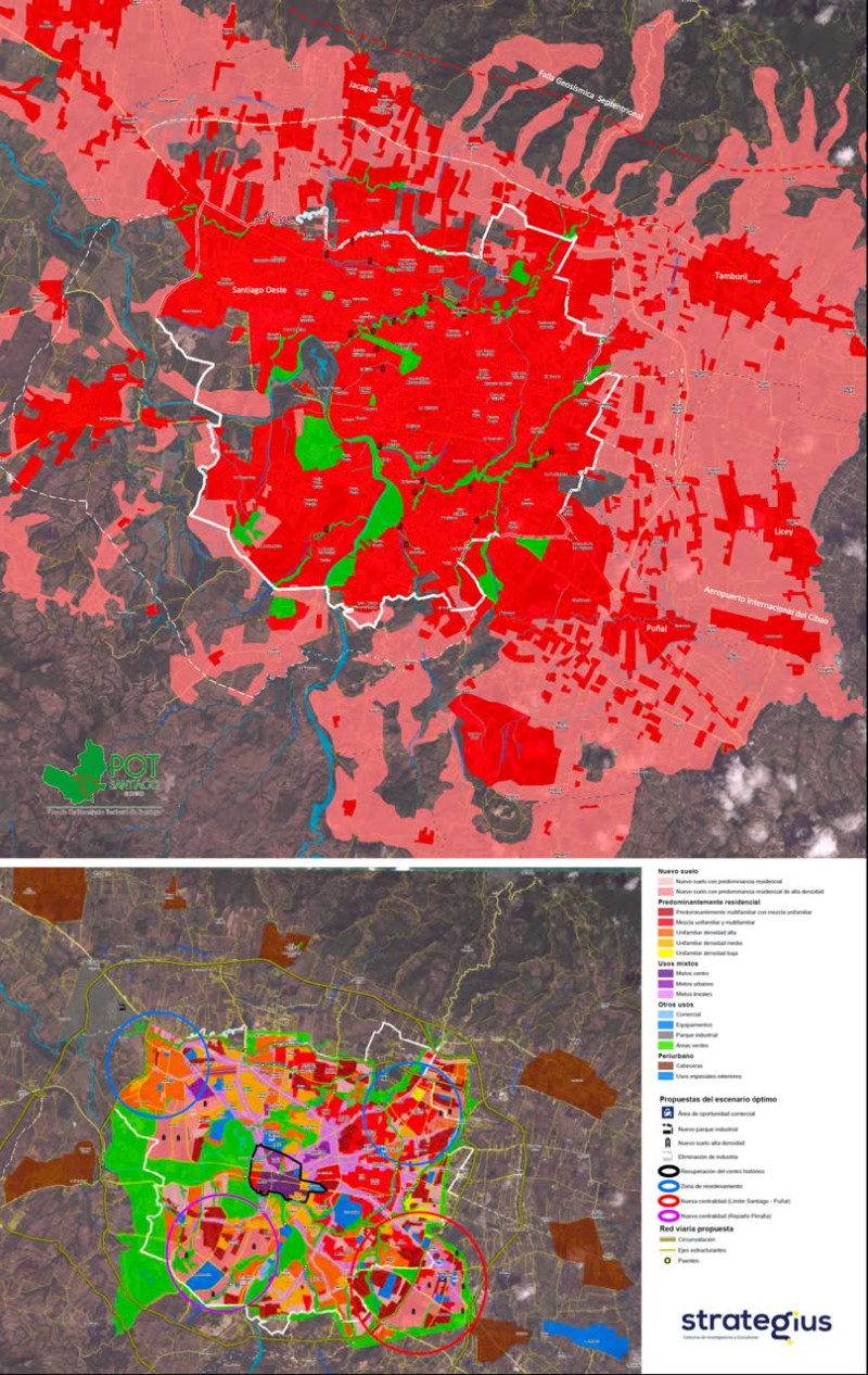 Las partes en rojo, representan la huella urbana, es decir, todo lo ya construido. Las partes rosadas, representan las zonas hacia donde la ciudad tiene el potencial de crecer y construir.