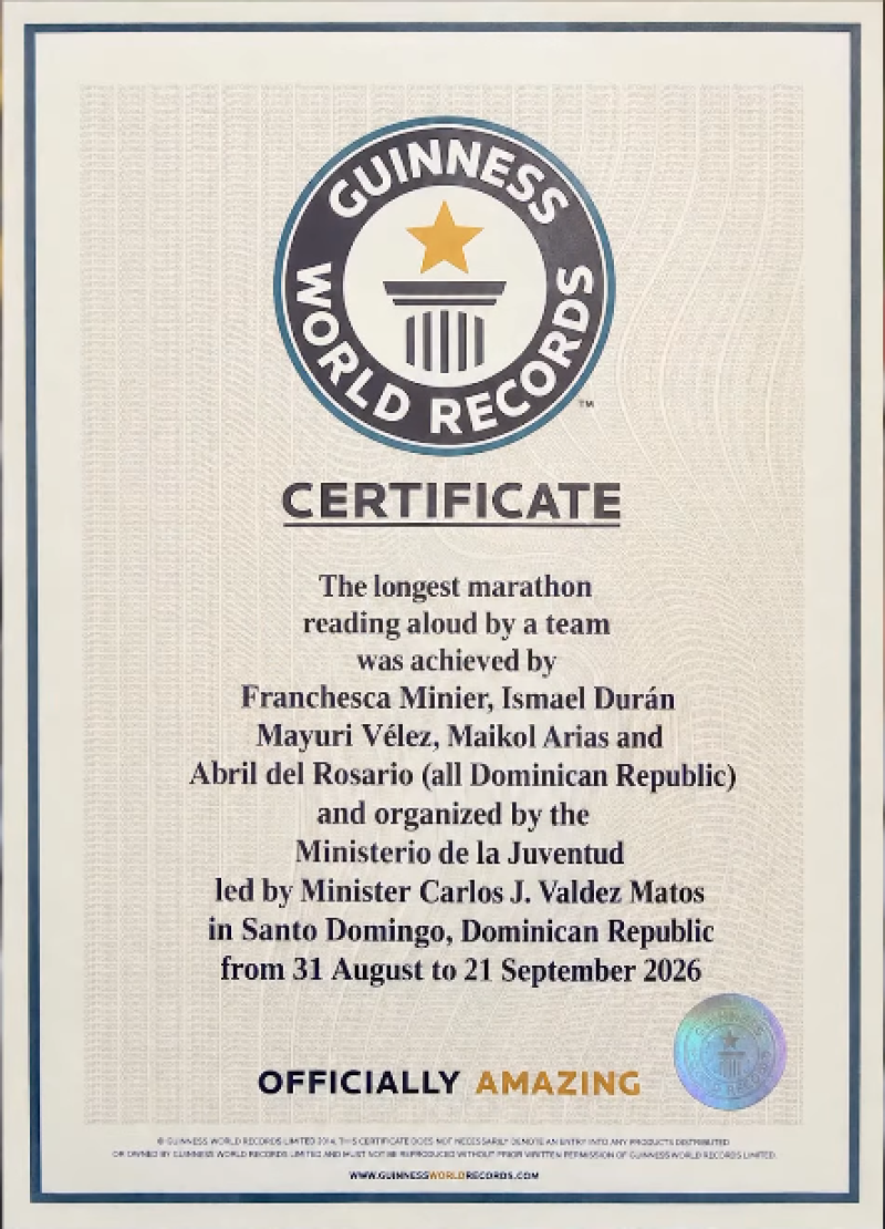 Certificado entregado a los ganadores del Récord Guinnes de lectura en voz alta.