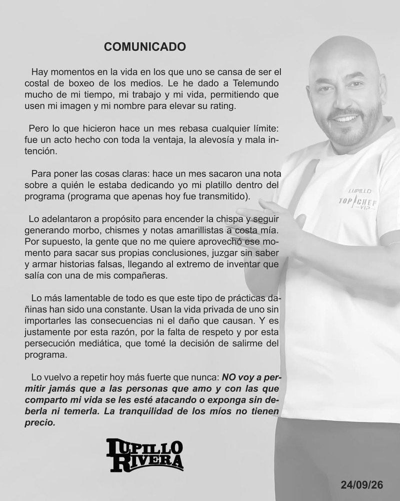 Comunicado divulgado por Lupillo Rivera.