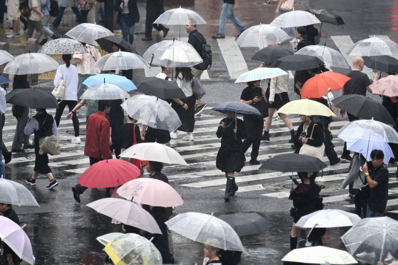 Peatones con paraguas cruzan un paso de peatones mientras llueve en el distrito de Shibuya, Tokio