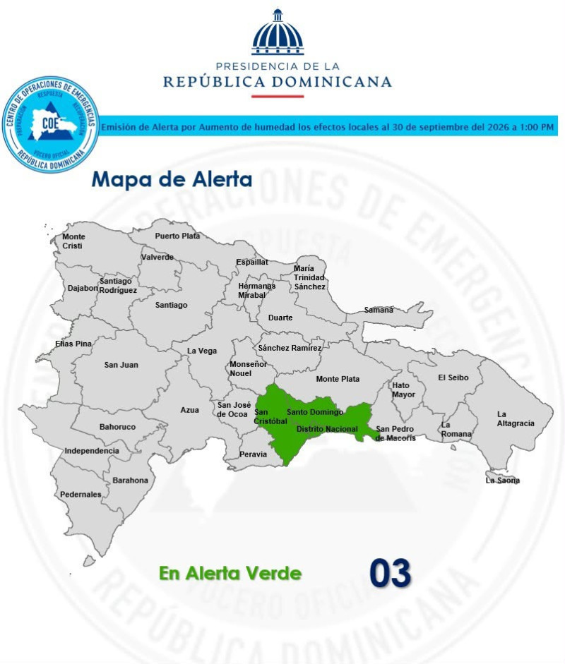 San Cristóbal, Distrito Nacional y el Gran Santo Domingo se encuentran en alerta verde.