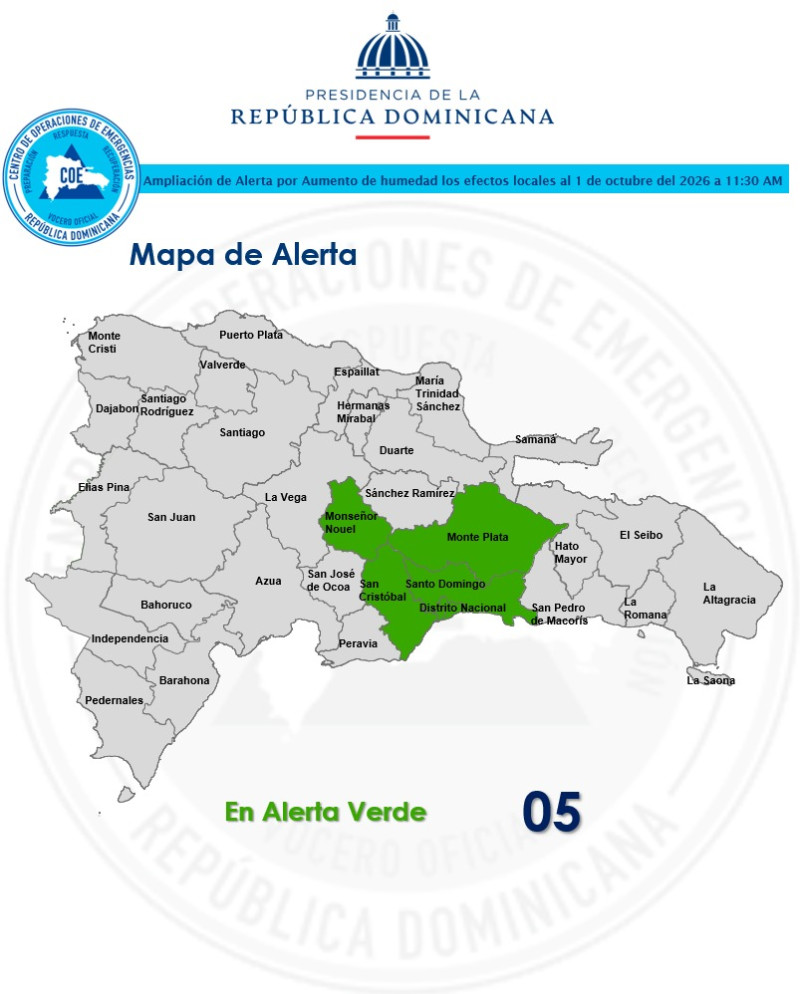 El Centro de Operaciones de Emergencia (COE) colocó a Santo Domingo, Distrito Nacional, San Cristóbal, Monseñor Noel y Monte Plata en alerta verde.