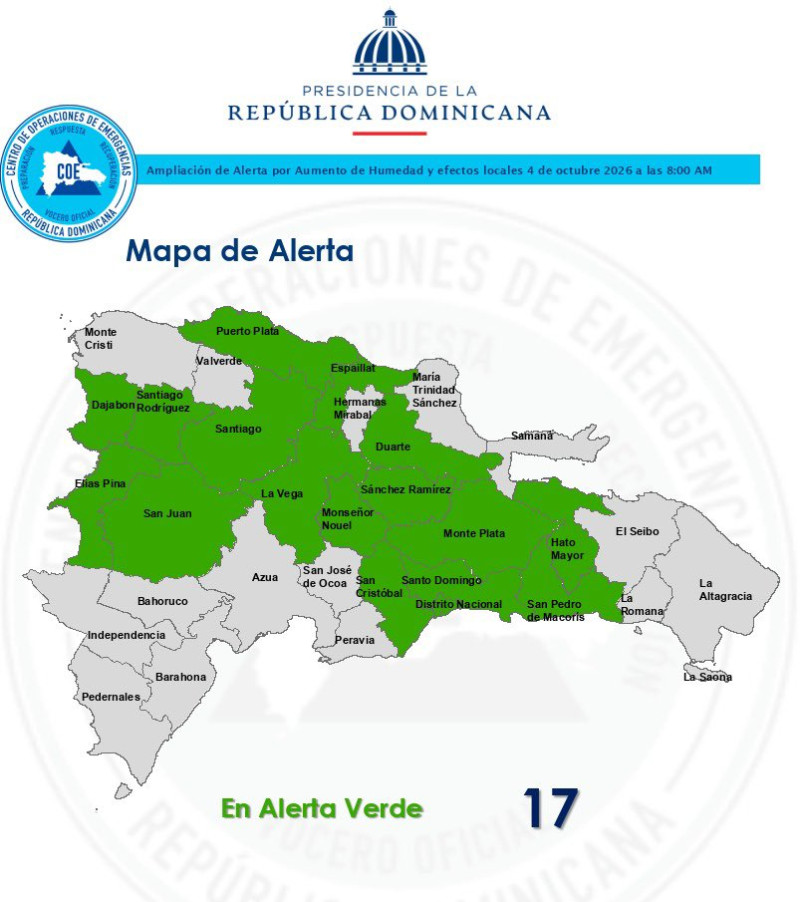 Mapa de provincias en alerta verde de domingo 4 de octubre