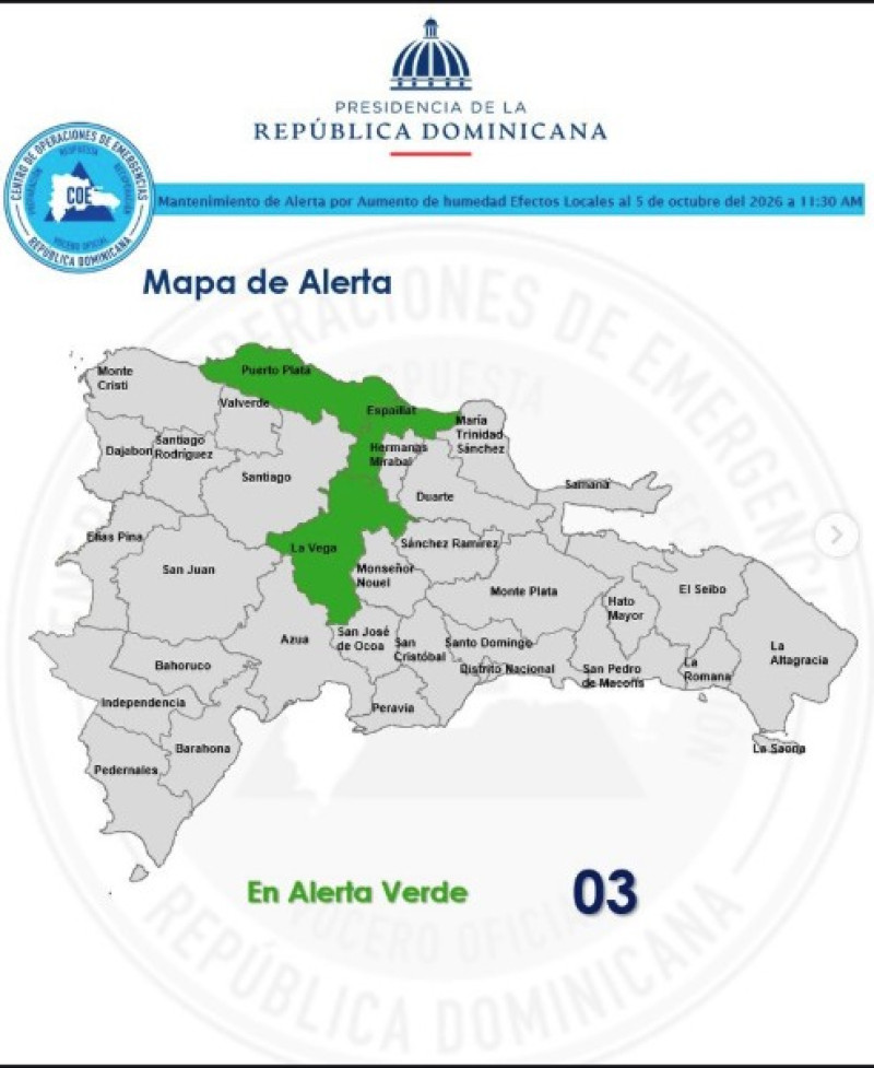 La Vega, Puerto Plata y Espaillat son las provincias bajo alerta por lluvias.
