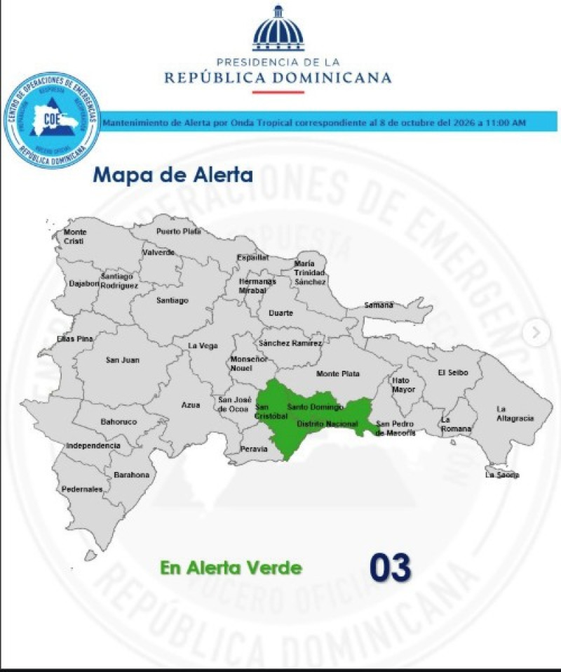 Gran Santo Domingo, Distrito Nacional y San Cristóbal son las provincias en alerta verde.