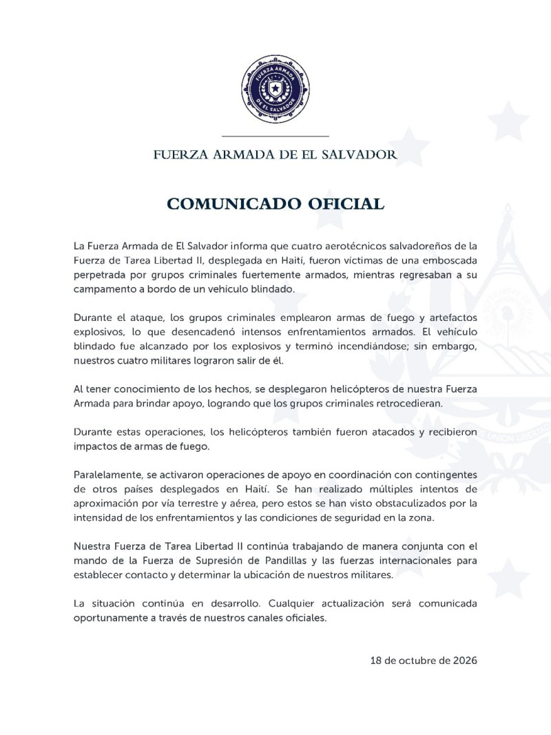la Fuerza Armada de El Salvador habla sobre soldados desaparecidos en Haití