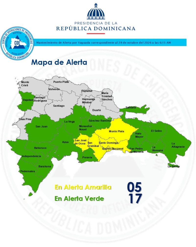 Cinco provincias están en alerta amarilla y 17 en verde