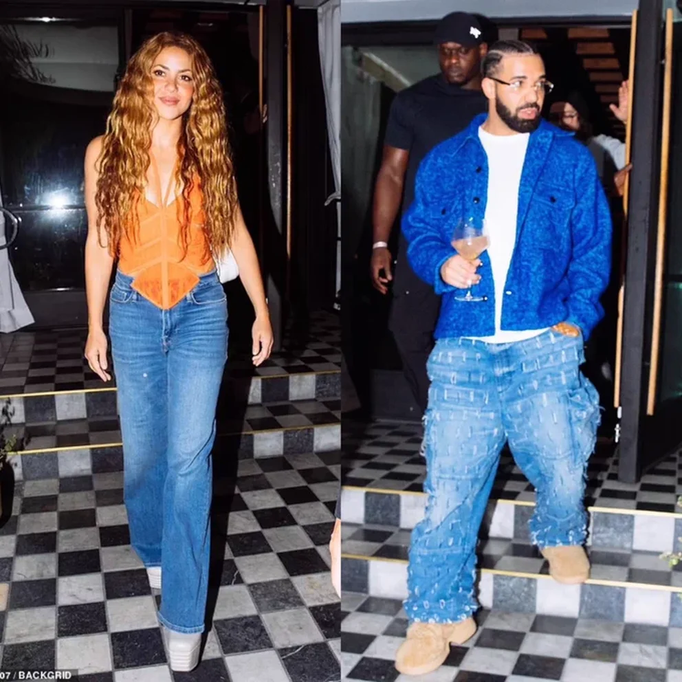 Collage de Shakira y Drake saliendo de una fiesta en Hollywood minutos después.