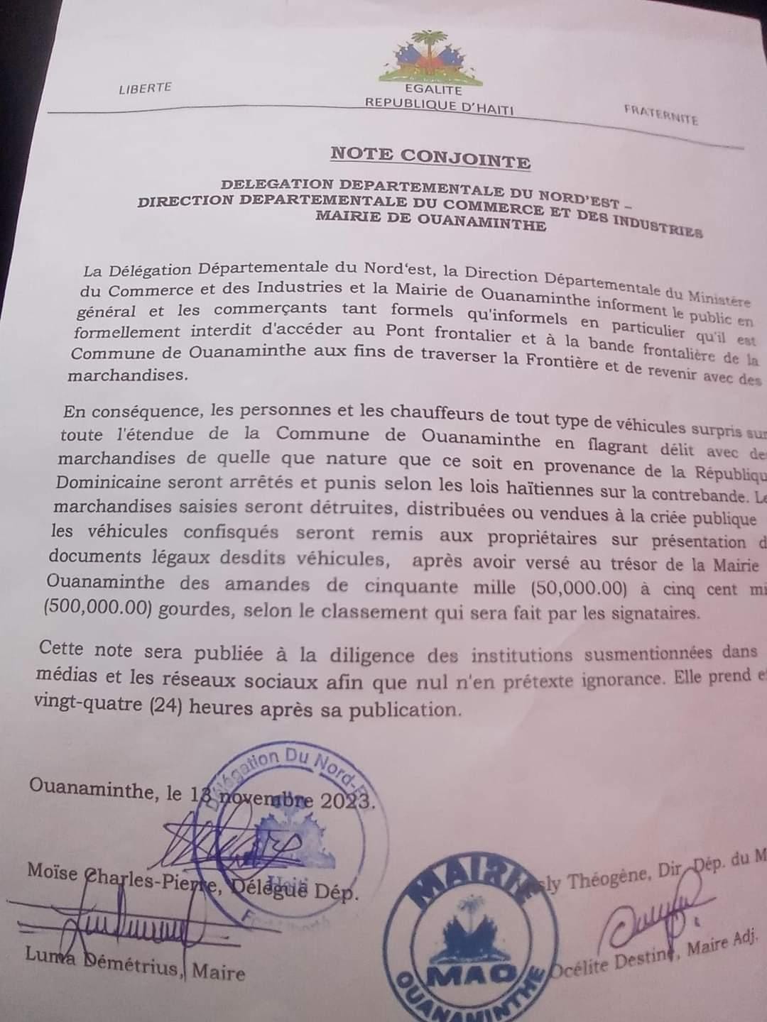 Fotografía muestra comunicado enviado de autoridades Haitianas a sus ciudadanos.