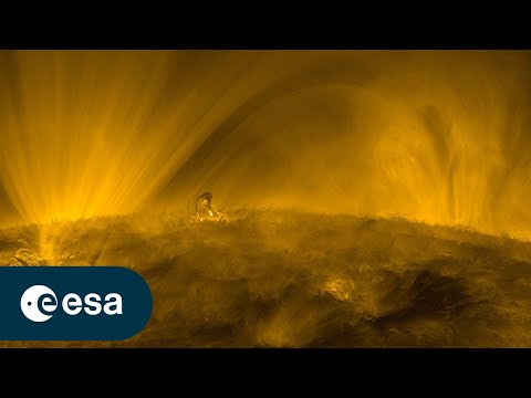 This otherworldly, ever-changing landscape is what the Sun looks like up close. ESA's Solar Orbiter filmed the transition from the Sun's lower atmosphere to the much hotter outer corona. The hair-like structures are made of charged gas (plasma), following magnetic field lines emerging from the Sun's interior.    The brightest regions are around one million degrees Celsius, while cooler material looks dark as it absorbs radiation.    This video was recorded on 27 September 2023 by the Extreme Ultraviolet Imager (EUI) instrument on Solar Orbiter. At the time, the spacecraft was at roughly a third of the Earth’s distance from the Sun, heading for a closest approach of 43 million km on 7 October.    On the same day that this video was recorded, NASA’s Parker Solar Probe skimmed just 7.26 million km from the solar surface. Rather than directly imaging the Sun, Parker measures particles and the magnetic field in the Sun’s corona and in the solar wind. This was a perfect opportunity for the two missions to team up, with ESA-led Solar Orbiter’s remote-sensing instruments observing the source region of the solar wind that would subsequently flow past Parker Solar Probe.    Spot the moss, spicules, eruption and rain  Lower left corner: An intriguing feature visible throughout this movie is the bright gas that makes delicate, lace-like patterns across the Sun. This is called coronal ‘moss’. It usually appears around the base of large coronal loops that are too hot or too tenuous to be seen with the chosen instrument settings.    On the solar horizon: Spires of gas, known as spicules, reach up from the Sun’s chromosphere. These can reach up to a height of 10 000 km.  Centre around 0:22: A small eruption in the centre of the field of view, with cooler material being lifted upwards before mostly falling back down. Don’t be fooled by the use of ‘small’ here: this eruption is bigger than Earth!  Centre-left around 0:30: ‘Cool’ coronal rain (probably less than 10 000 °C) looks dark against the bright background of large coronal loops (around one million degrees). The rain is made of higher-density clumps of plasma that fall back towards the Sun under the influence of gravity.    Credit: ESA & NASA/Solar Orbiter/EUI Team    ★ Subscribe: http://bit.ly/ESAsubscribe and click twice on the bell button to receive our notifications.    Check out our full video catalog: http://bit.ly/SpaceInVideos  Follow us on Twitter: http://bit.ly/ESAonTwitter  On Facebook: http://bit.ly/ESAonFacebook  On Instagram: http://bit.ly/ESAonInstagram  On LinkedIn: https://bit.ly/ESAonLinkedIn  On Pinterest: https://bit.ly/ESAonPinterest  On Flickr: http://bit.ly/ESAonFlickr    We are Europe's gateway to space. Our mission is to shape the development of Europe's space capability and ensure that investment in space continues to deliver benefits to the citizens of Europe and the world. Check out https://www.esa.int/ to get up to speed on everything space related.    Copyright information about our videos is available here: https://www.esa.int/ESA_Multimedia/Terms_and_Conditions    #ESA #Sun #SolarOrbiter