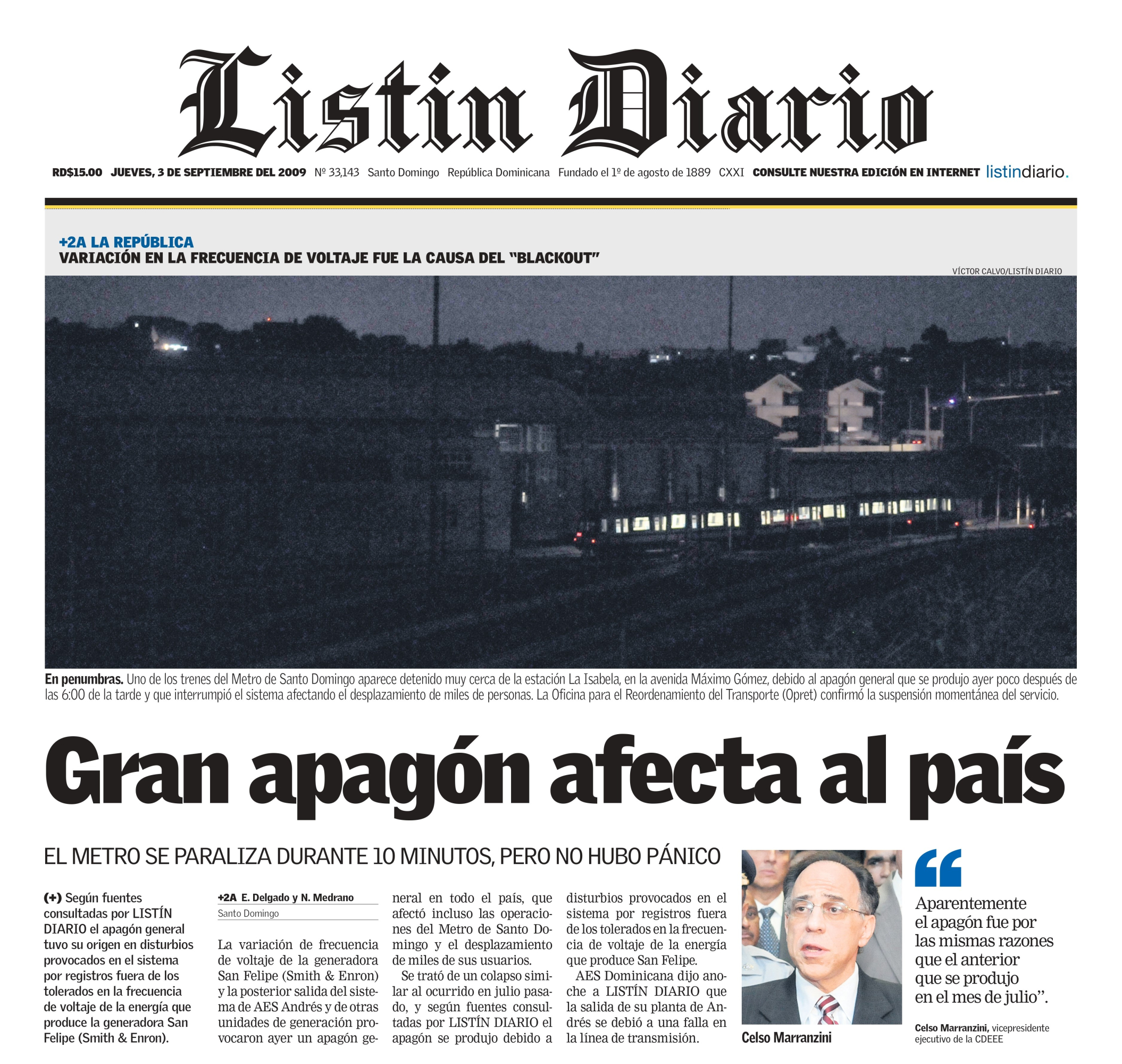 Portada de Listín Diario informando sobre el blackout del 3 de septiembre de 2009