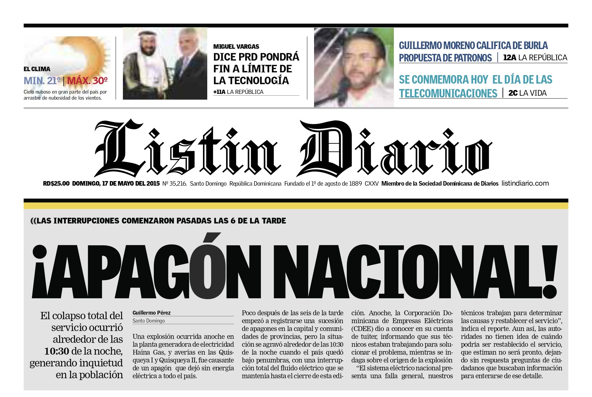 Portada de Listín Diario cubriendo el apagón general de República Dominicana el 17 de mayo de 2015