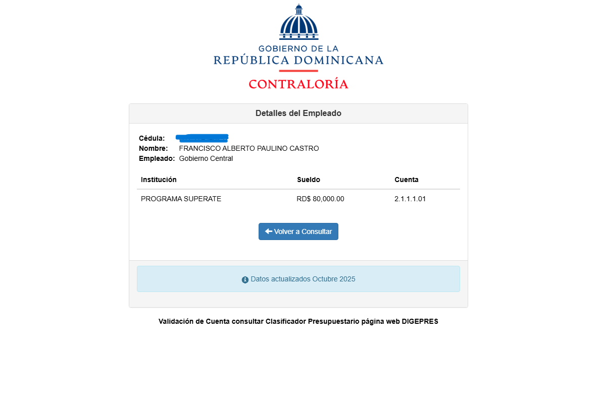 Dato de la Contraloría General de la República que mantienen a Francisco Alberto Paulino Castro como empleado activo de Supérate.