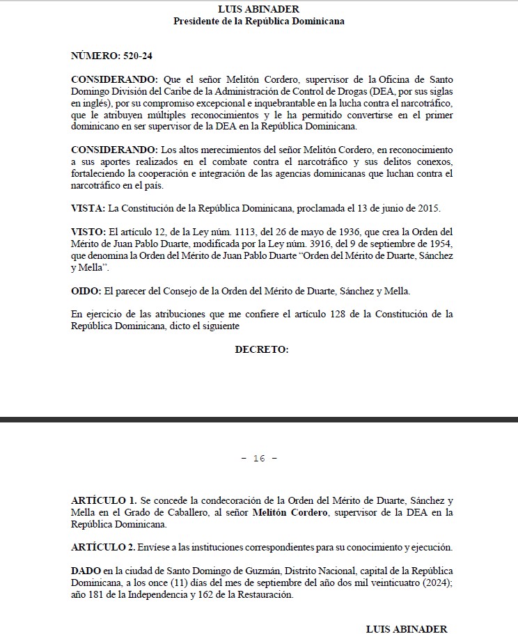 Decreto de condecoración a Meliton Cordero