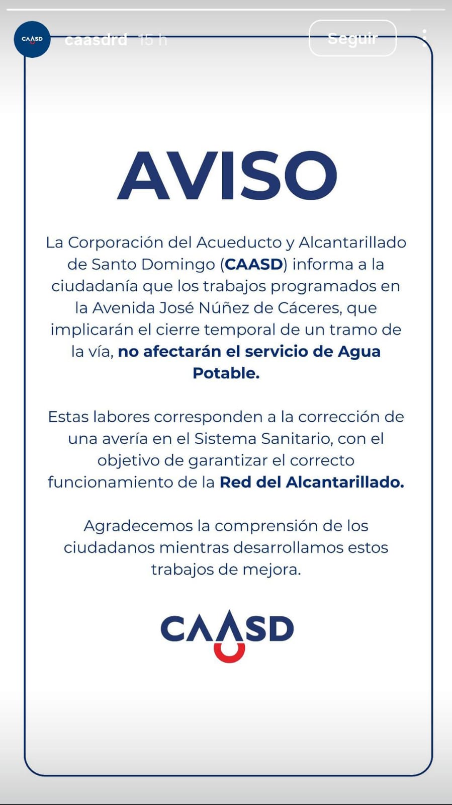 Historia de Instagram de la Caasd informando sobre la situación.