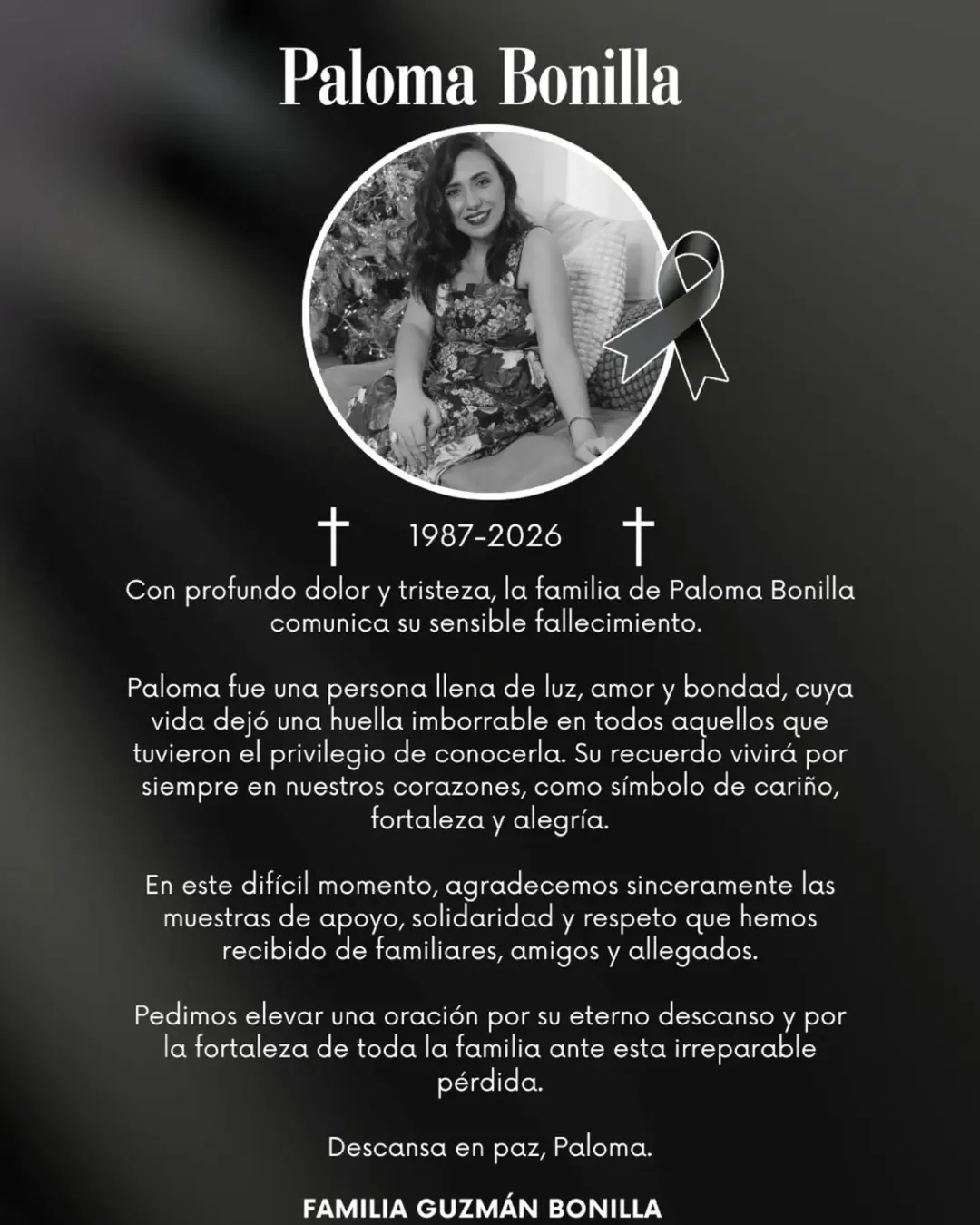 Familiares comunican el fallecimiento de Paloma Bonilla, quién murió a causa de un infarto.