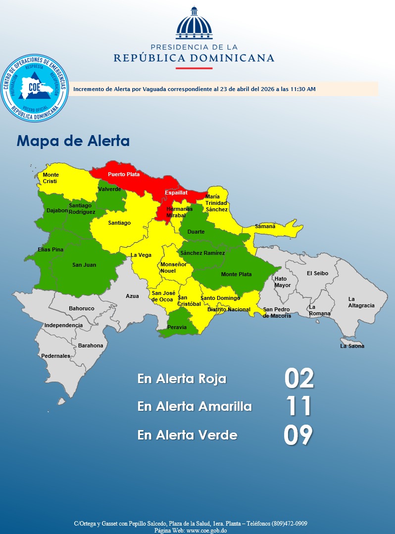 Mapa del COE de las provincias en alerta del jueves 23 de abril a las 11:00 de la mañana