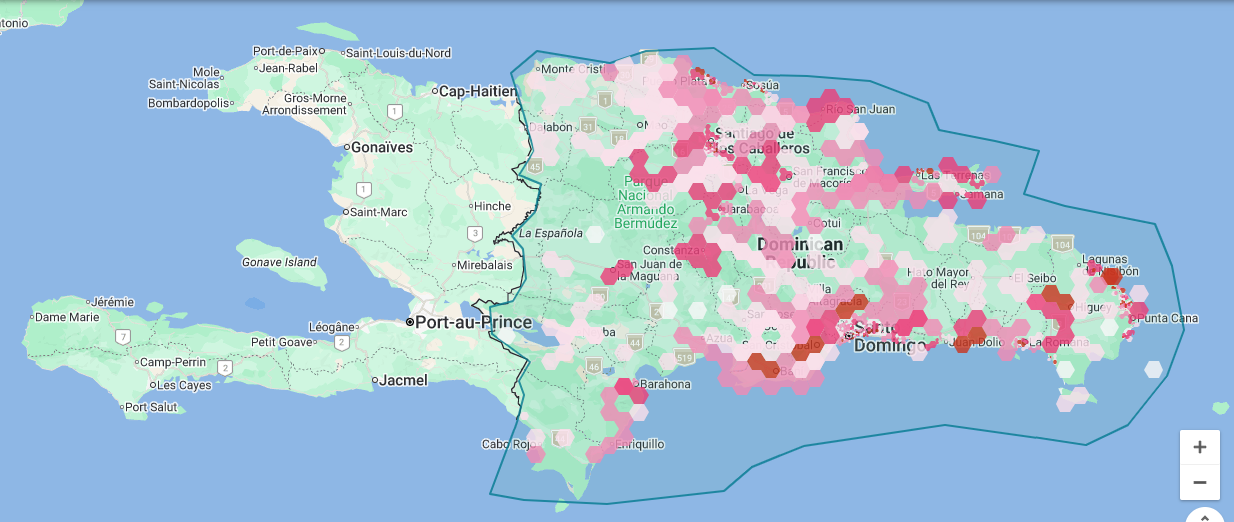 Mapa de Airbtics con la cantidad de alojamientos de renta corta activos en Airbnb en República Dominicana