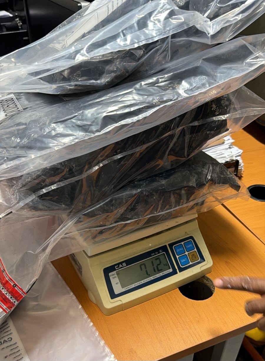 Cinco láminas de la presunta droga, envueltas en papel de aluminio y fundas plásticas, con un peso superior a los siete kilogramos.