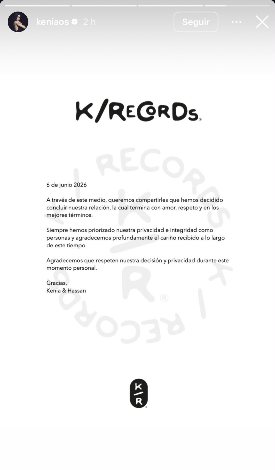 Breakup statement from the couple published on Instagram.