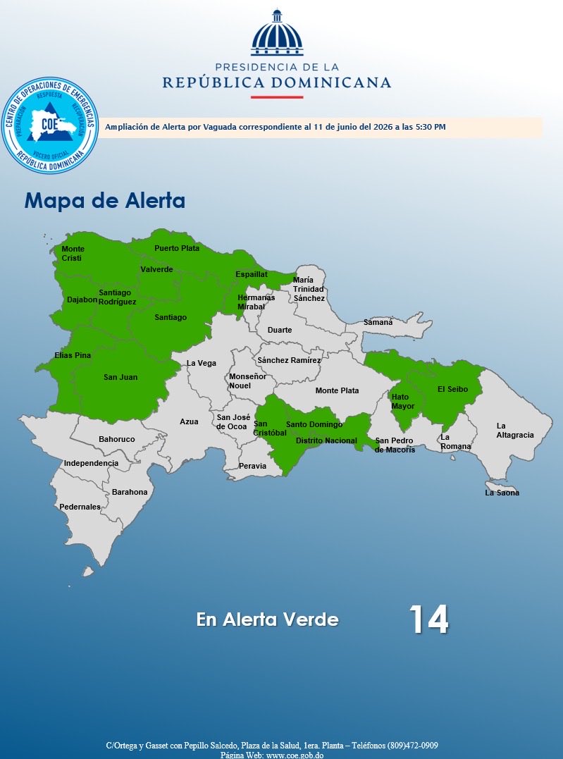 Trece provincias en alerta verde y el Distrito Nacional por posibles lluvias.