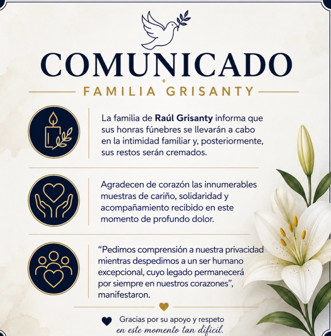 Comunicado de la familia Grisanty.
