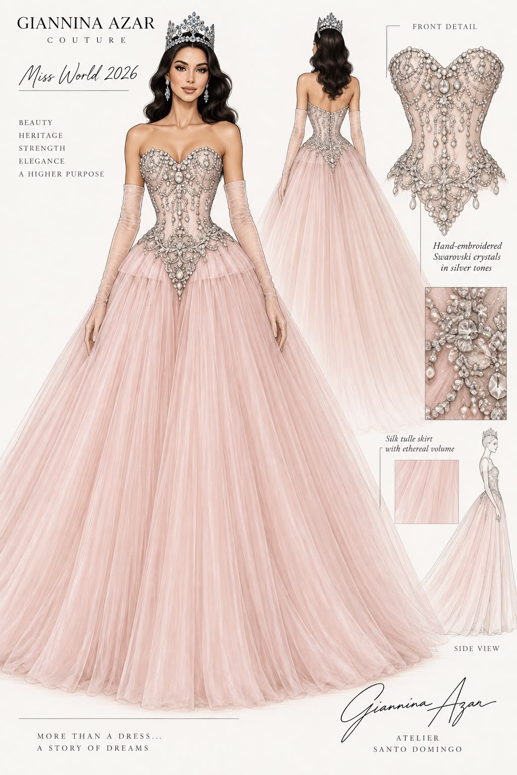 Ilustración original del vestido de Joheirry Mola, Miss Mundo 2026, diseñado por Giannina Azar.