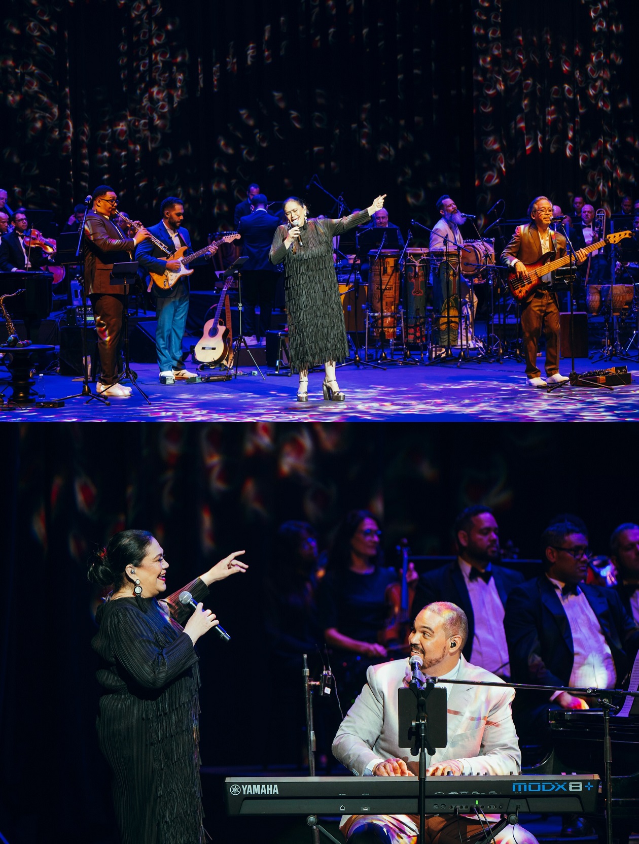 Maridalia Hernández en dos momentos de su interpretación para quererte en la celebración de los 15 años de trayectoria del grupo retro jazz.