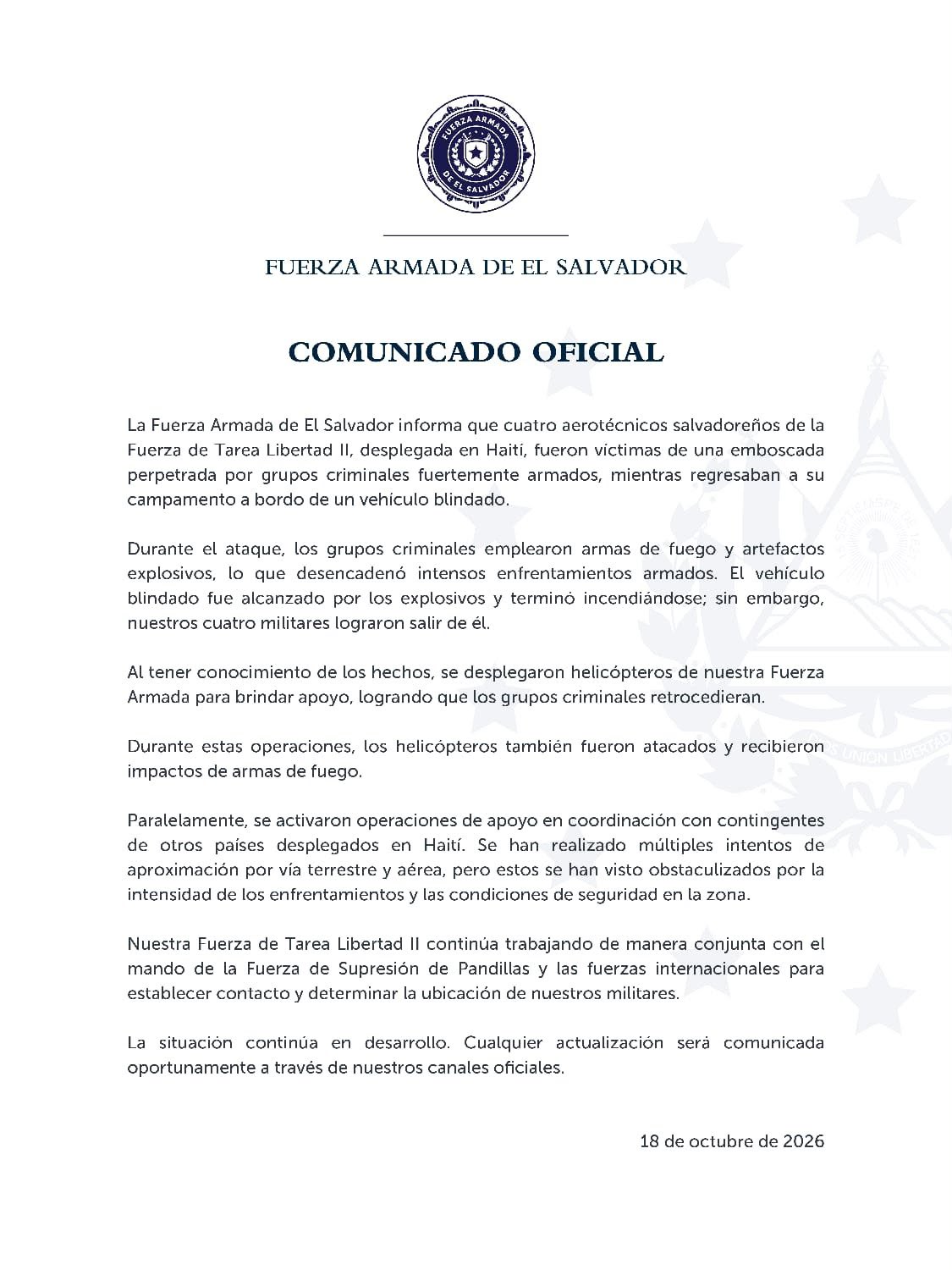 la Fuerza Armada de El Salvador habla sobre soldados desaparecidos en Haití